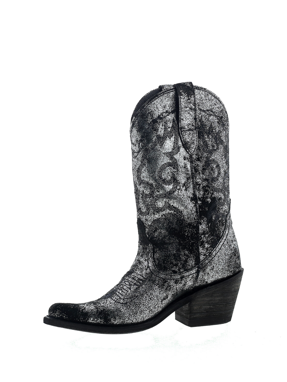 Distressed Metallic Embroidery Almond-Toe Wide Mid Calf Cowgirl Boots - Black