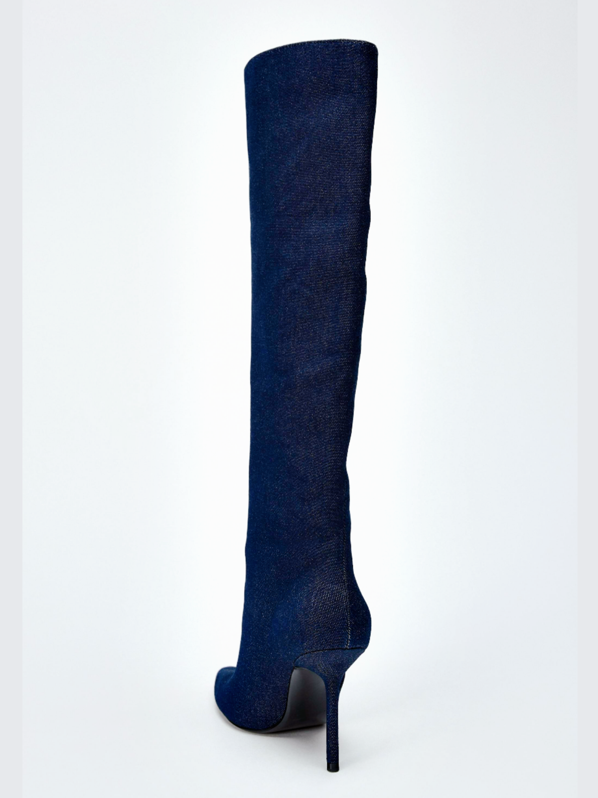 Blue Denim Pointed-Toe Wide Mid Calf Stiletto Boots