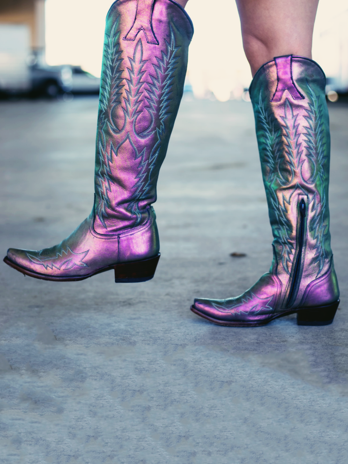 Metallic Iridescent Purple Embroidery Snip-Toe Half-Zip Western Knee High Boots Cowgirl Tall Boots