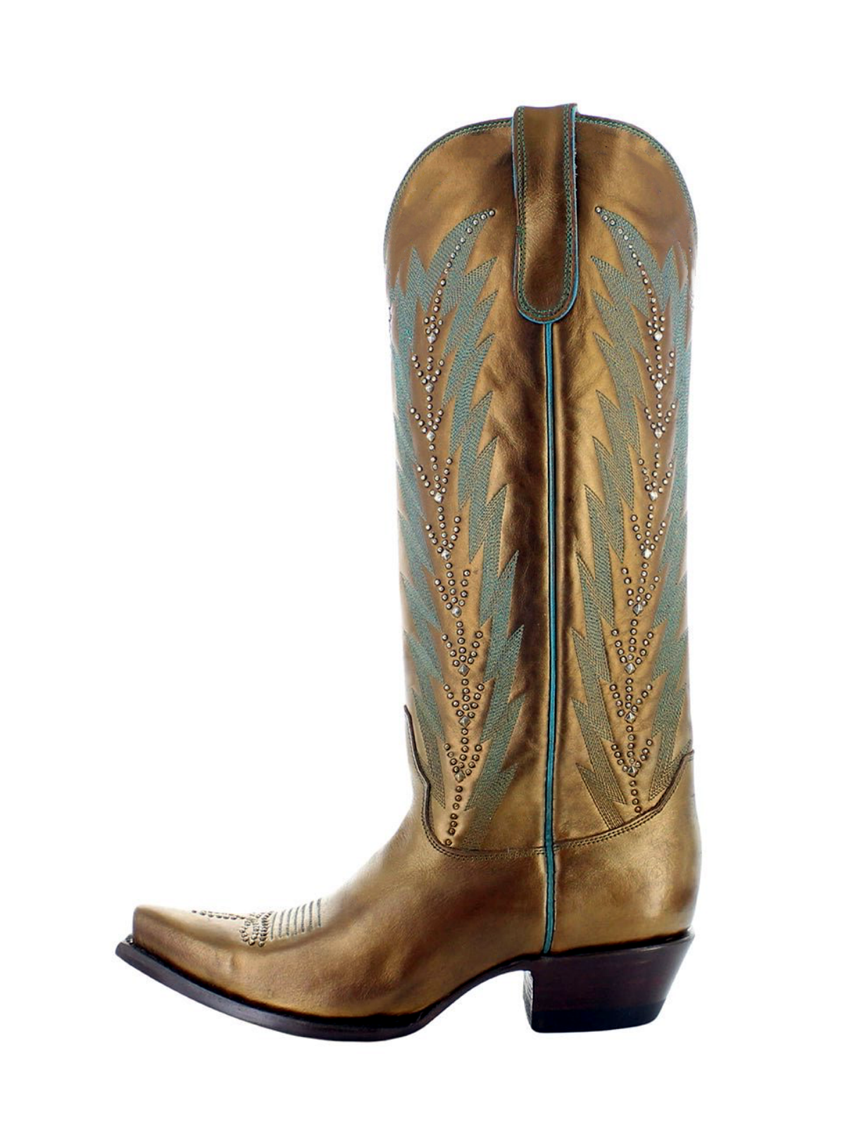 Metallic Copper Snip-Toe Leaf Embroidery Studded Wide Mid Calf Cowgirl Boots