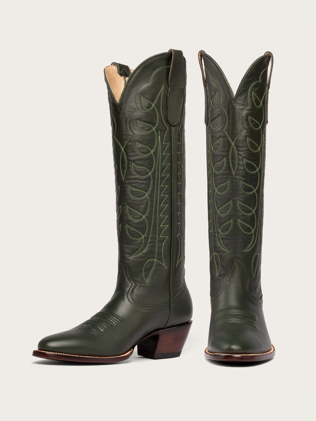 Dark Green Embroidery Almond-Toe Wide Mid Calf Tall Cowboy Boots For Women