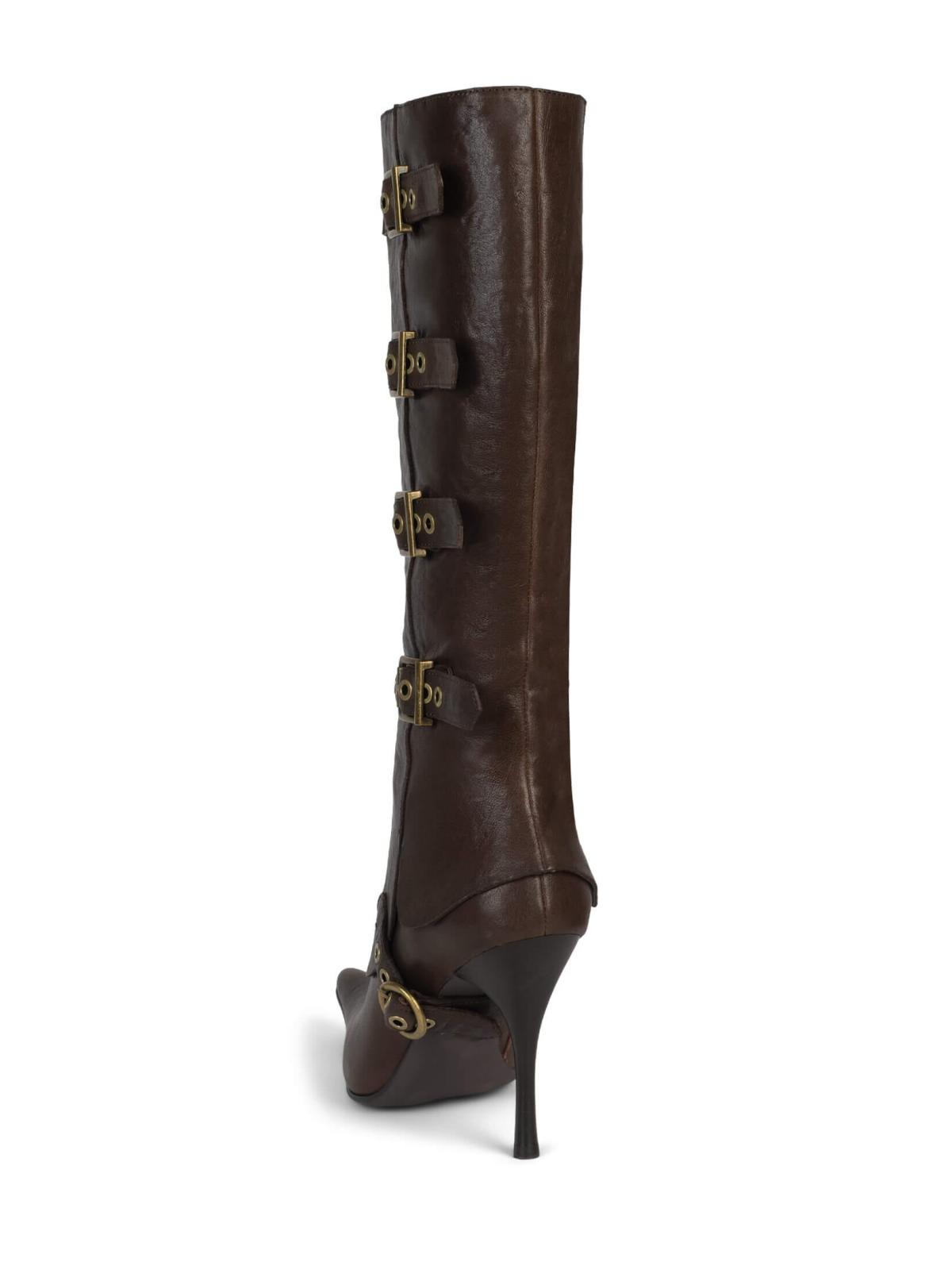 Brown Pointed-Toe Full-Zip Mid Calf Stiletto Boots With Buckles