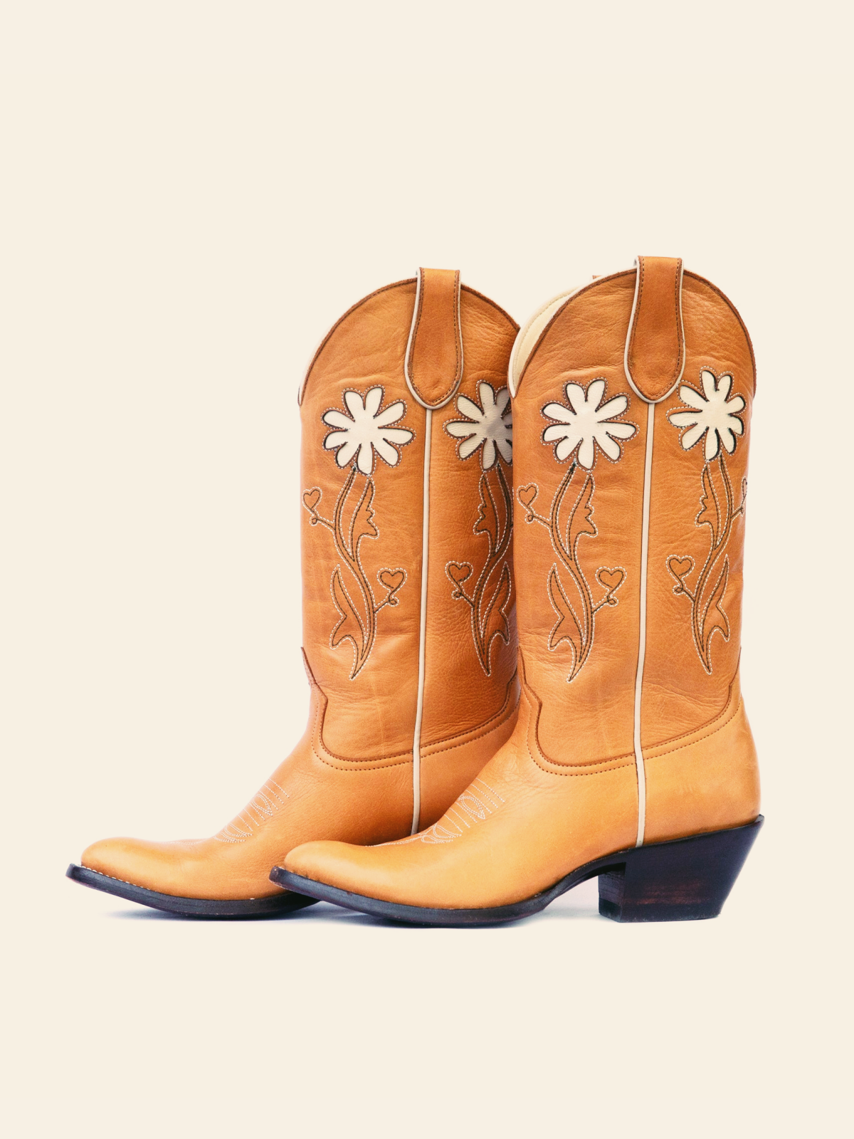 Earth Yellow Almond-Toe Wide Calf Western Cowgirl Boots With White Daisy Flower Inlay