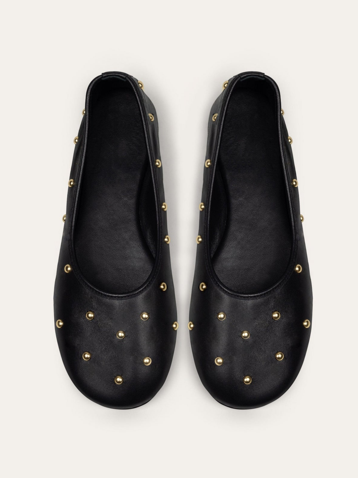 Black Vegan Leather Round-Toe Ballet Flats With Gold Studs