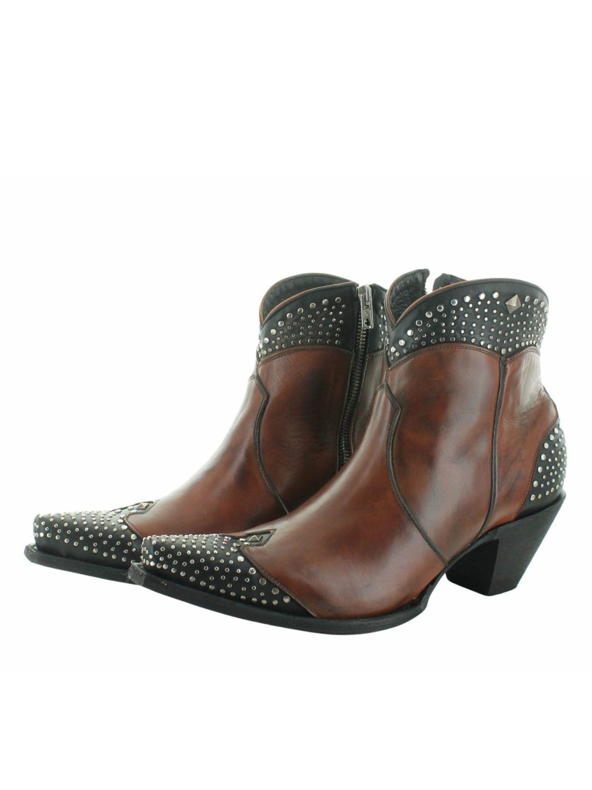 Contrast Brown And Black Snip-Toe Studded Full-Zip Ankle Booties