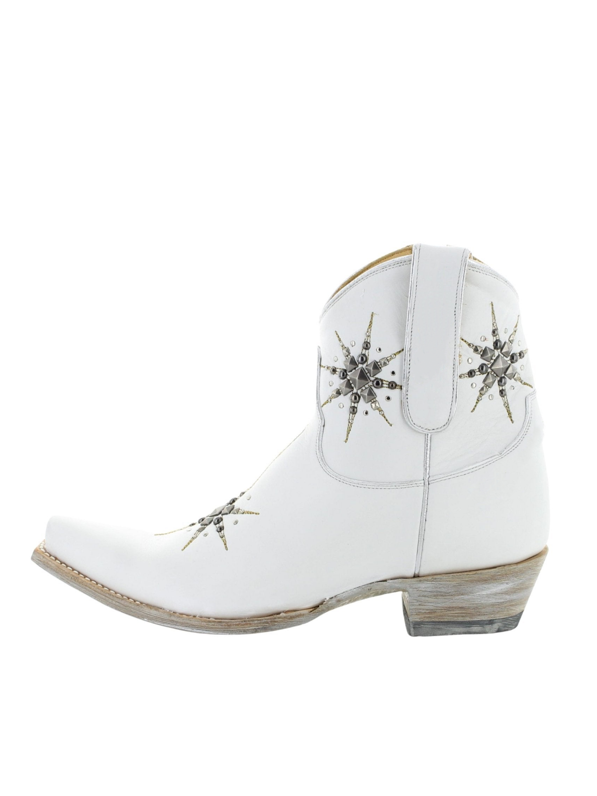 White Snip-Toe Studded Stars Full-Zip Mid Calf Cowgirl Boots