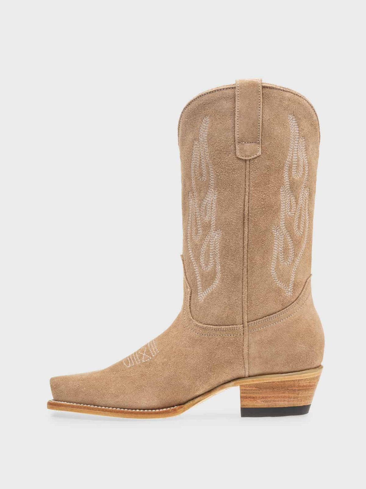 Flame Embroidery Faux Suede Snip-Toe Wide Mid Calf Tall Cowgirl Boots - Tan