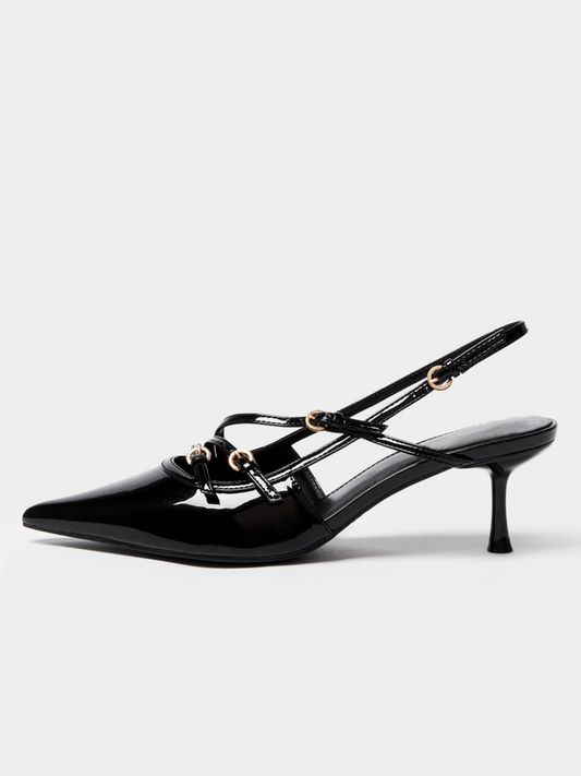 Black Patent Strappy Pointy Kitten Heels Slingback Courts Pumps