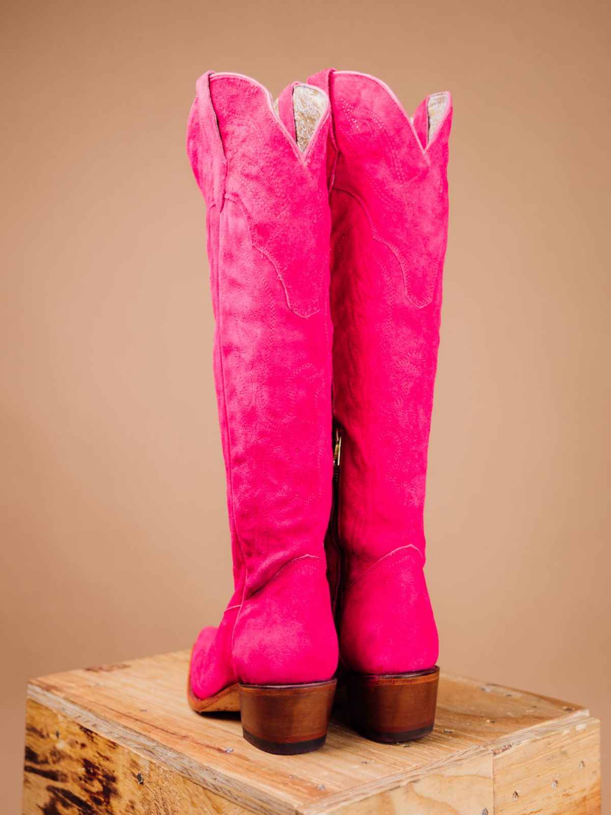 Eagle Embroidery Snip-Toe Half-Zip Over-The-Knee Tall Cowgirl Boots - Fuchsia Faux Suede