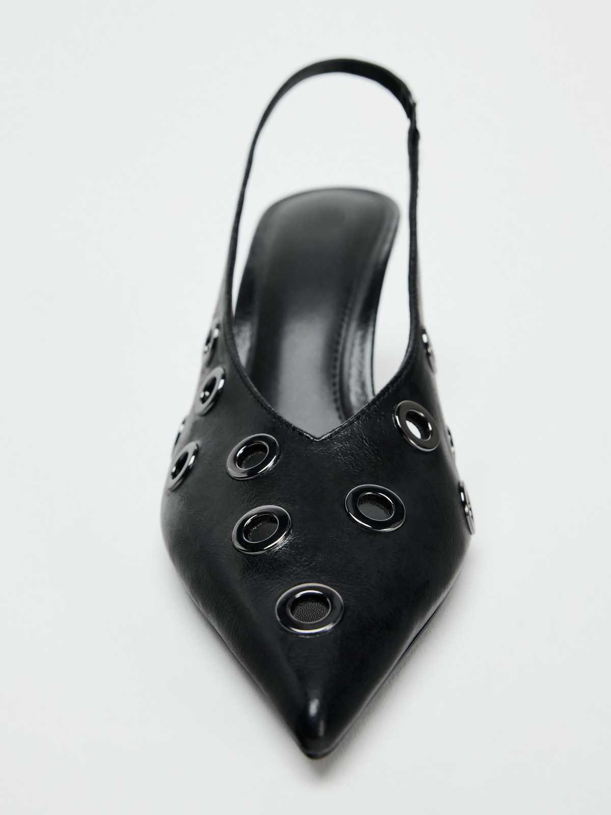 Black Pointed-Toe Slingback Kitten Heels With Grommets