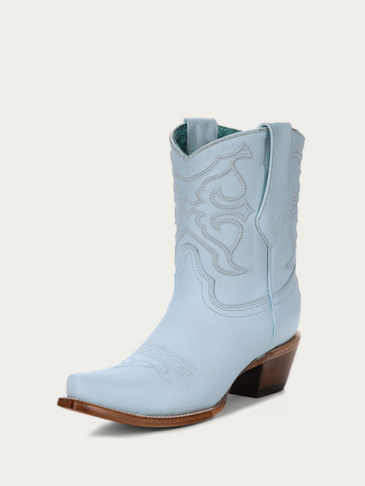 Baby Blue Snip-Toe Embroidery Wide Mid Calf Cowboy Boots For Women