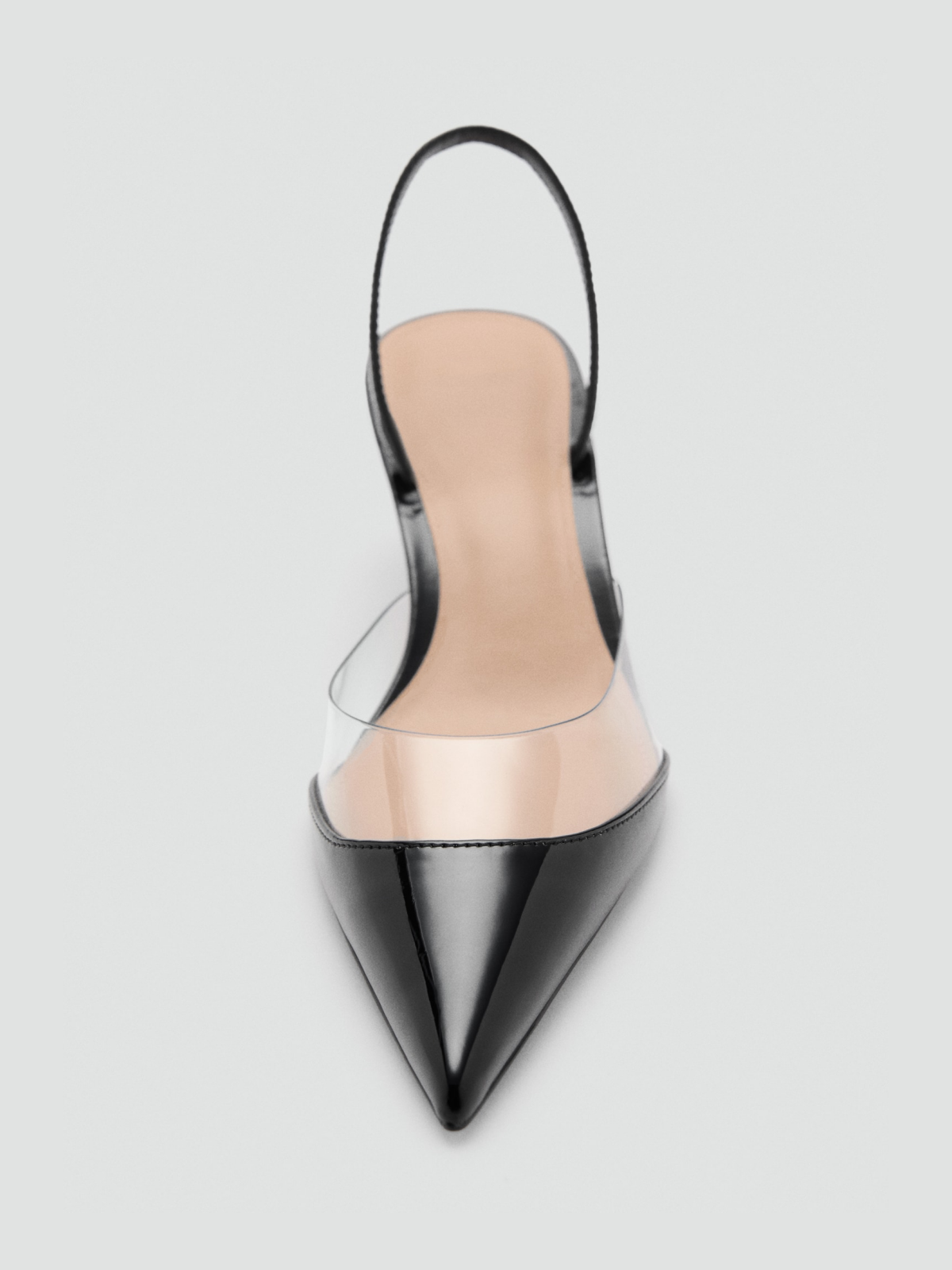 Contrast Patent Black And Transparent Vinyl Panel Pointed-Toe Slingback Kitten Heels