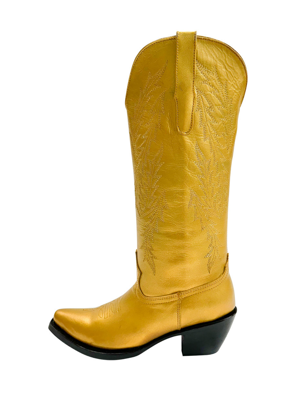 Metallic Snip-Toe Leaf Embroidery Half-Zip Mid Calf Tall Cowgirl Boots - Gold