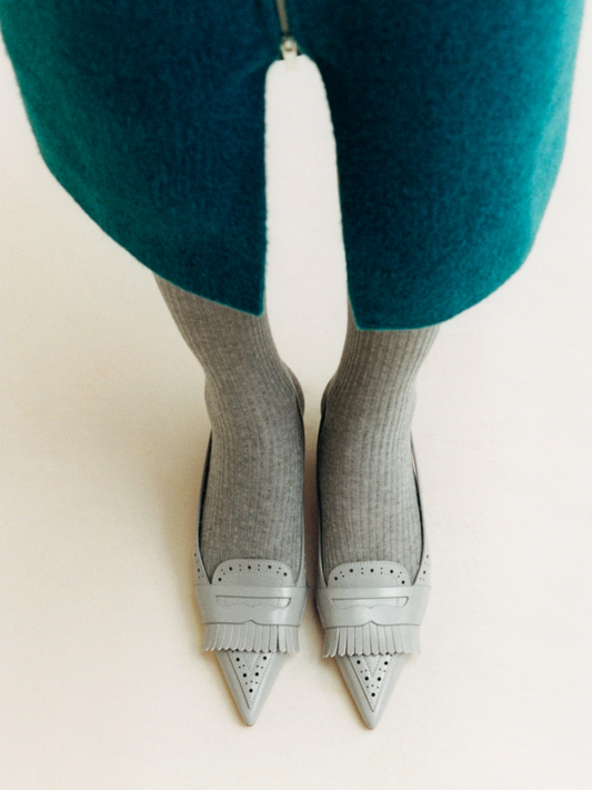 Gray Pointed-Toe Fringe Detail Cutout Slingback Kitten Heels