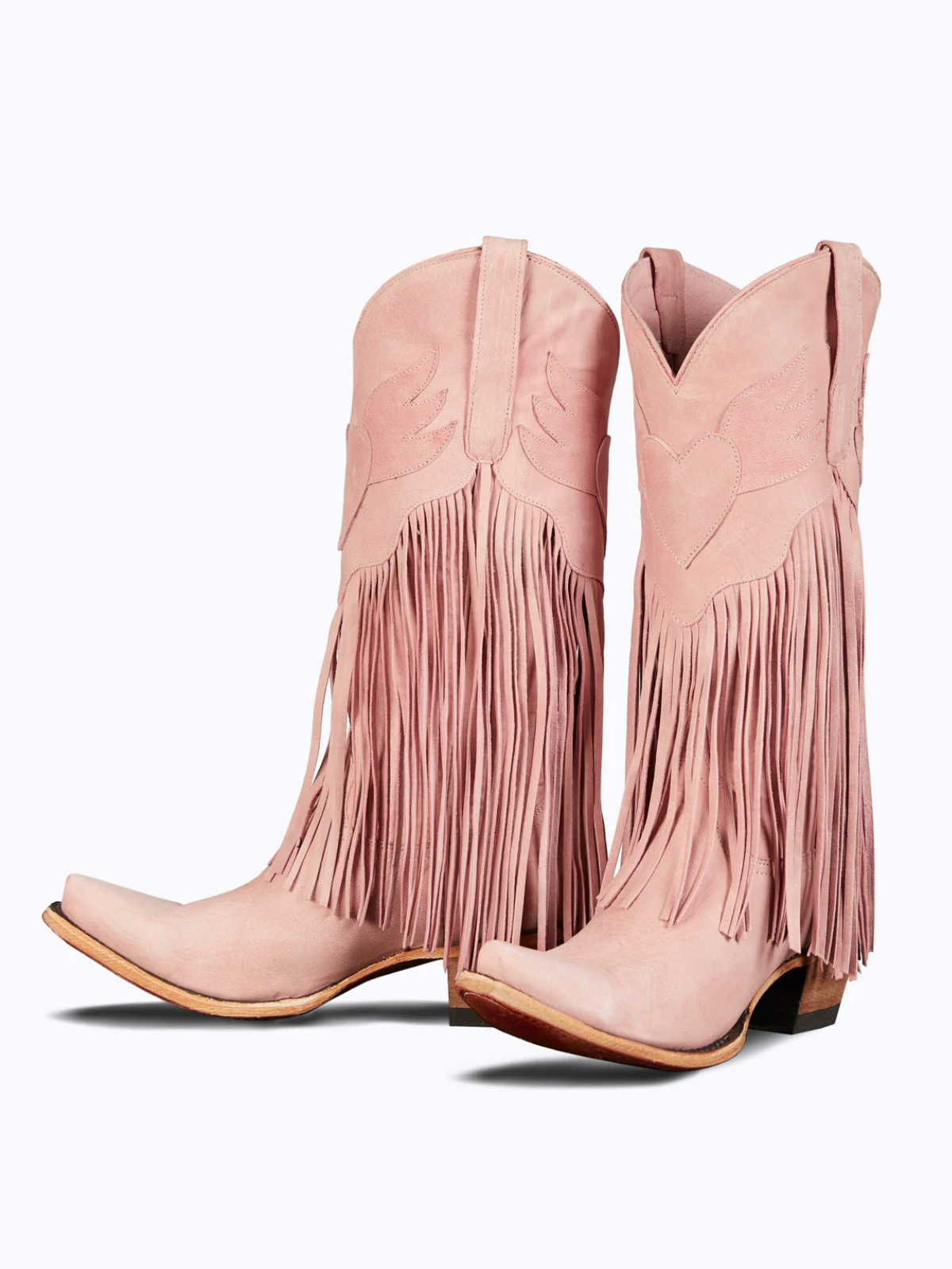 Blush Pink Snip-Toe Heart Inlay Fringe Wide Mid Calf Cowgirl Boots