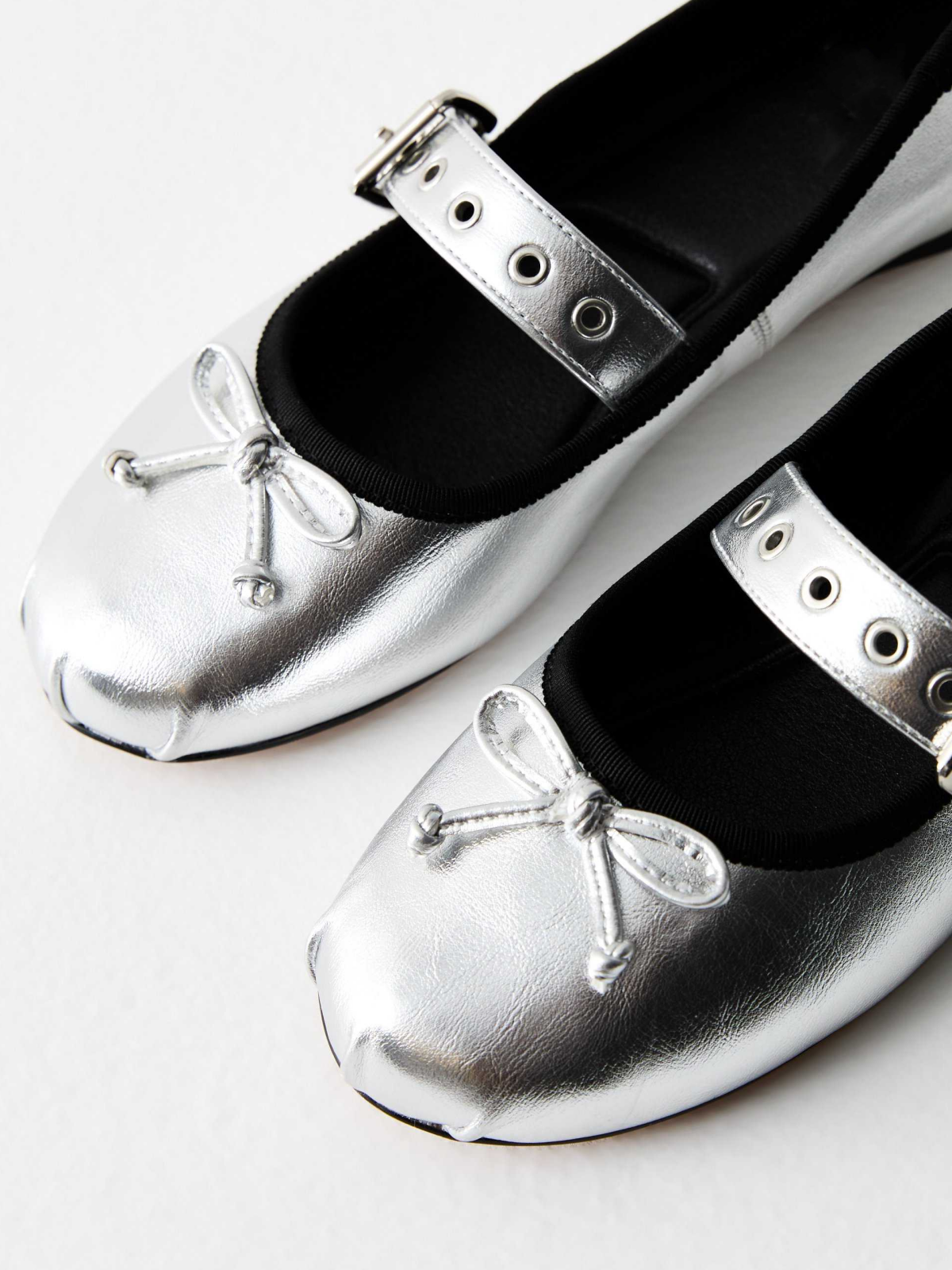 Metallic Silver Bow Ballet Flats Mary Janes With Eyelet Buckled Strap