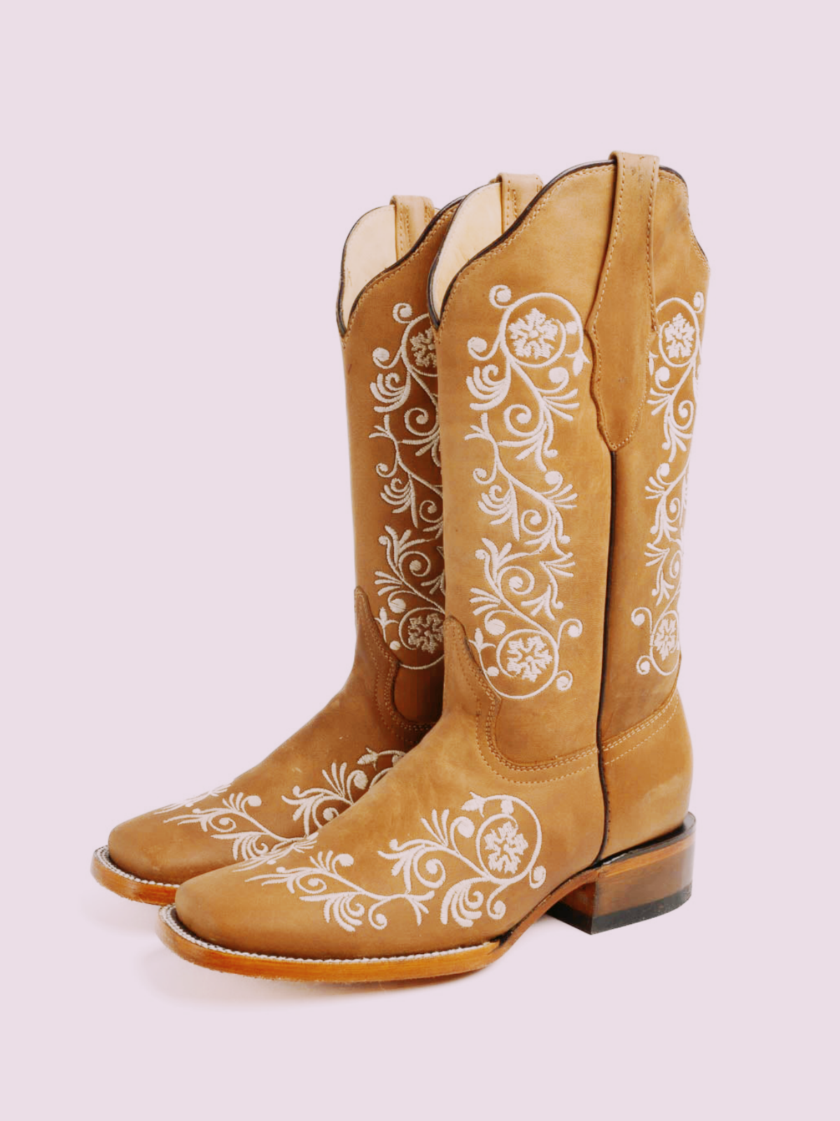 Caramel Square-Toe Floral Embroidery Wide Mid Calf Cowgirl Boots