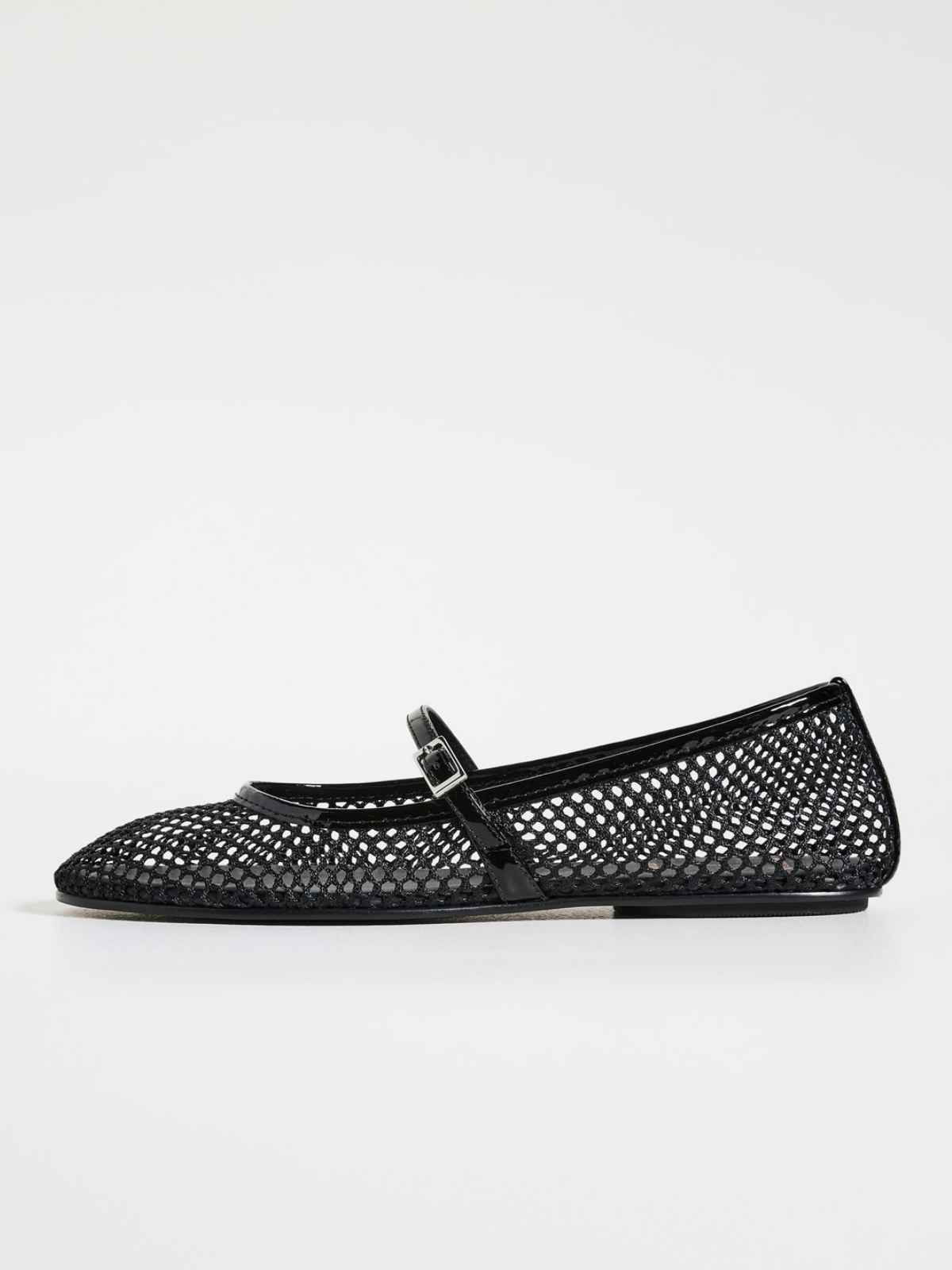 Black Fishnet Ballet Flats Mary Janes With Thin Buckle Strap