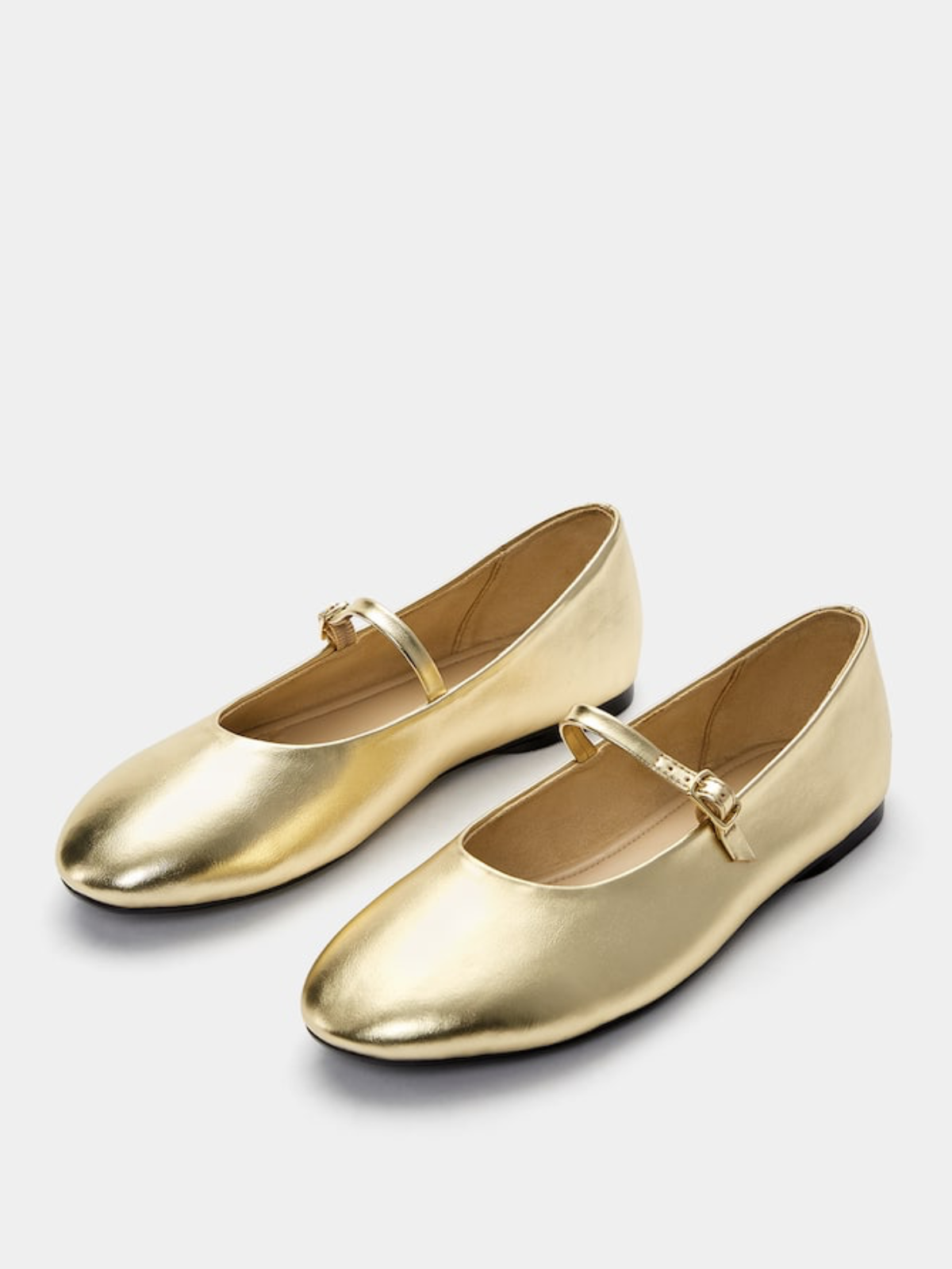 Buckled Detailed Strappy Oval Ballet Flats Mary Janes In Metallic Gold