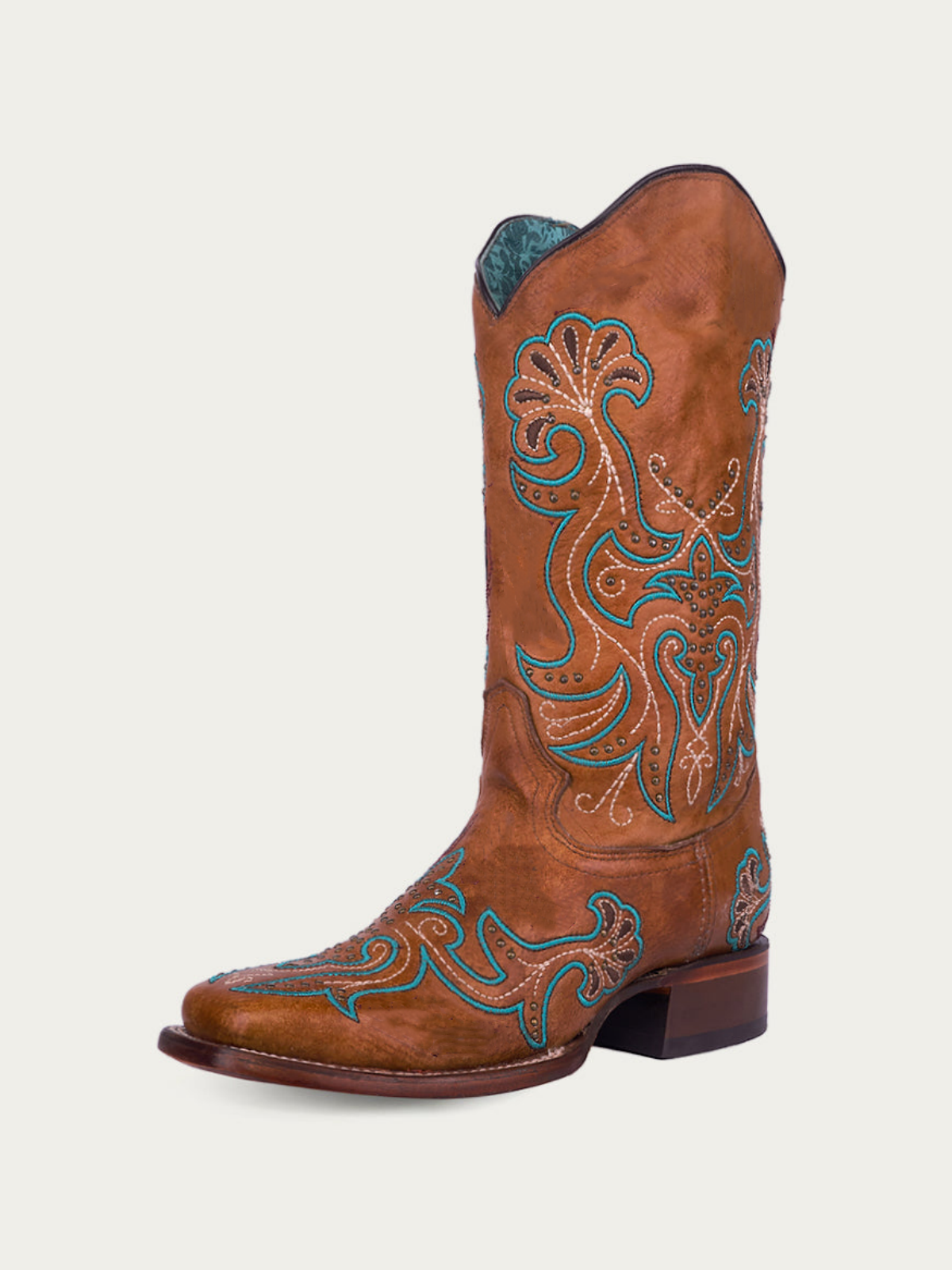 Brown Square-Toe Colorful Embroidery Studded Wide Mid Calf Cowgirl Boots