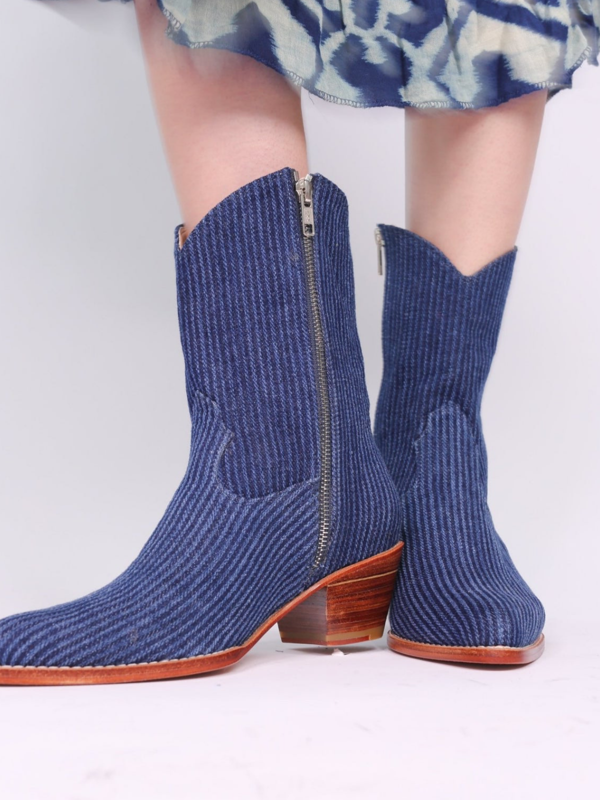 Blue Striped Denim Almond-Toe Full-Zip Mid Calf Cowgirl Boots