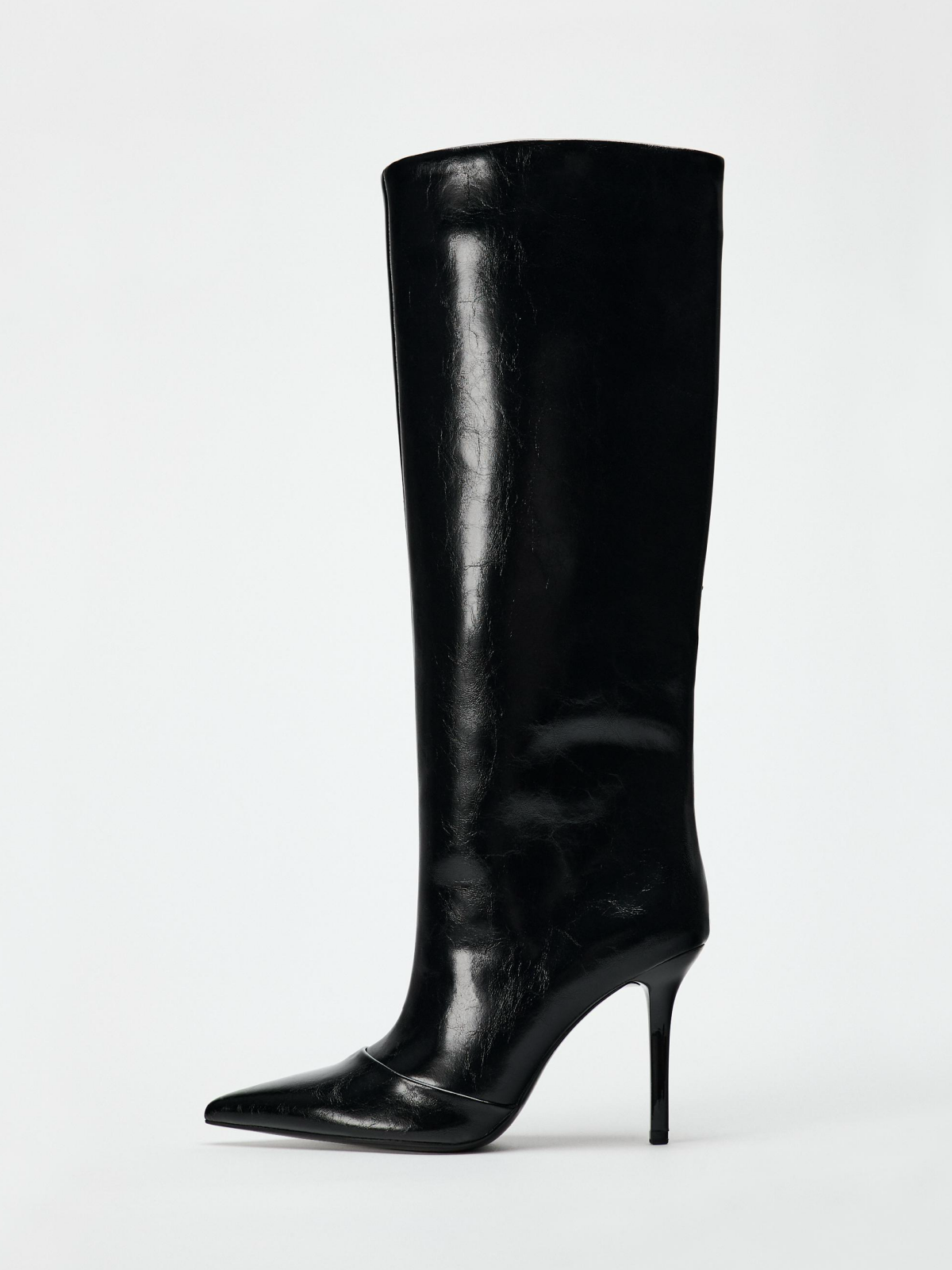 Black Pointed-Toe Full-Zip Mid Calf Stiletto Boots