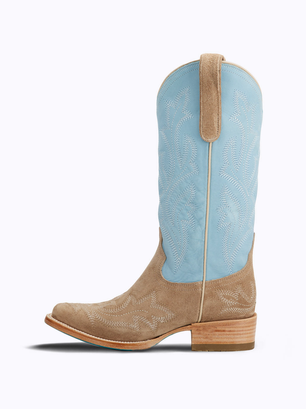 Contrast Tan Faux Suede And Powder Blue Square-Toe Embroidery Wide Mid Calf Tall Cowgirl Boots