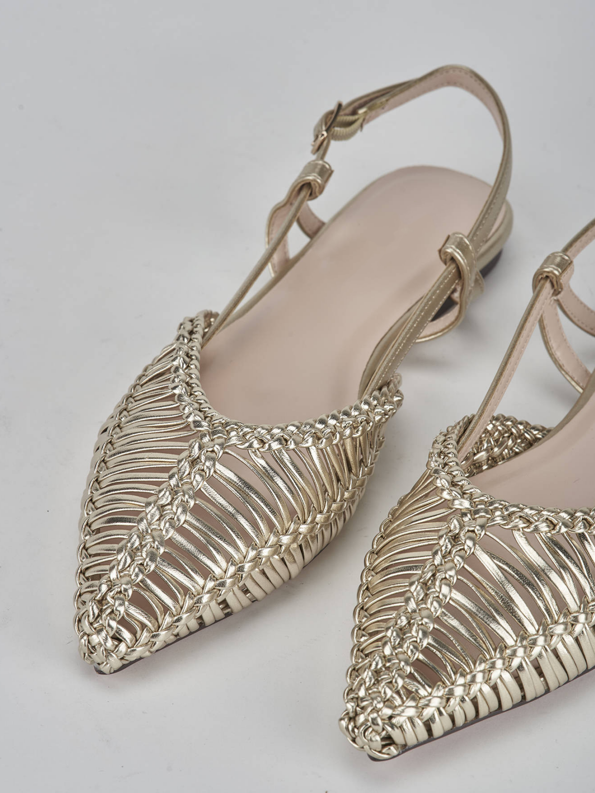 Metallic Gold Woven Pointy Slingback Ballerinas Flats With Buckled Strap