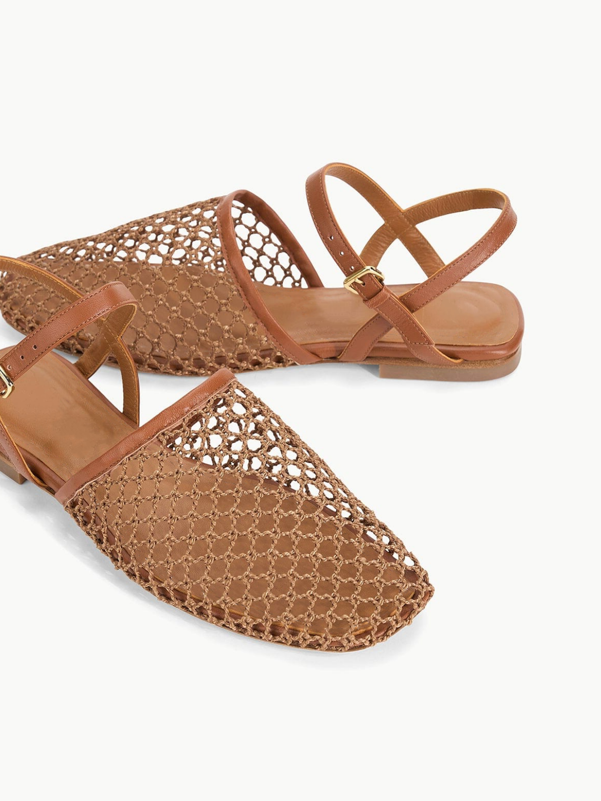 Brown Netting Square Toe Flats Sandals With Ankle Strap