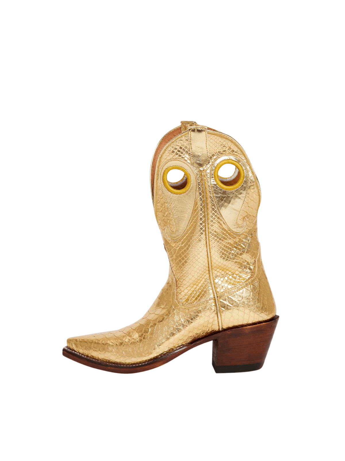 Metallic Gold Snakeskin Cutout Snip-Toe Wide Mid Calf Cowgirl Boots With Mirrored Gold Paisley