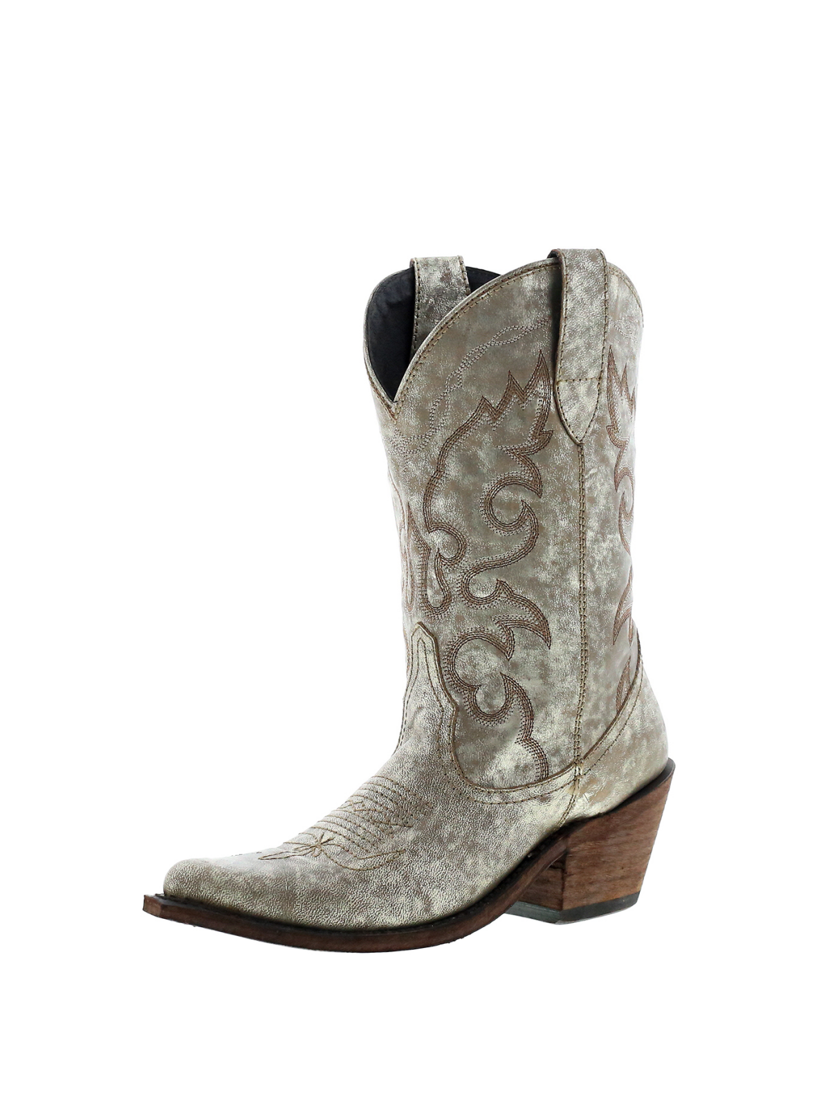 Distressed Metallic Embroidery Almond-Toe Wide Mid Calf Cowgirl Boots - Gray