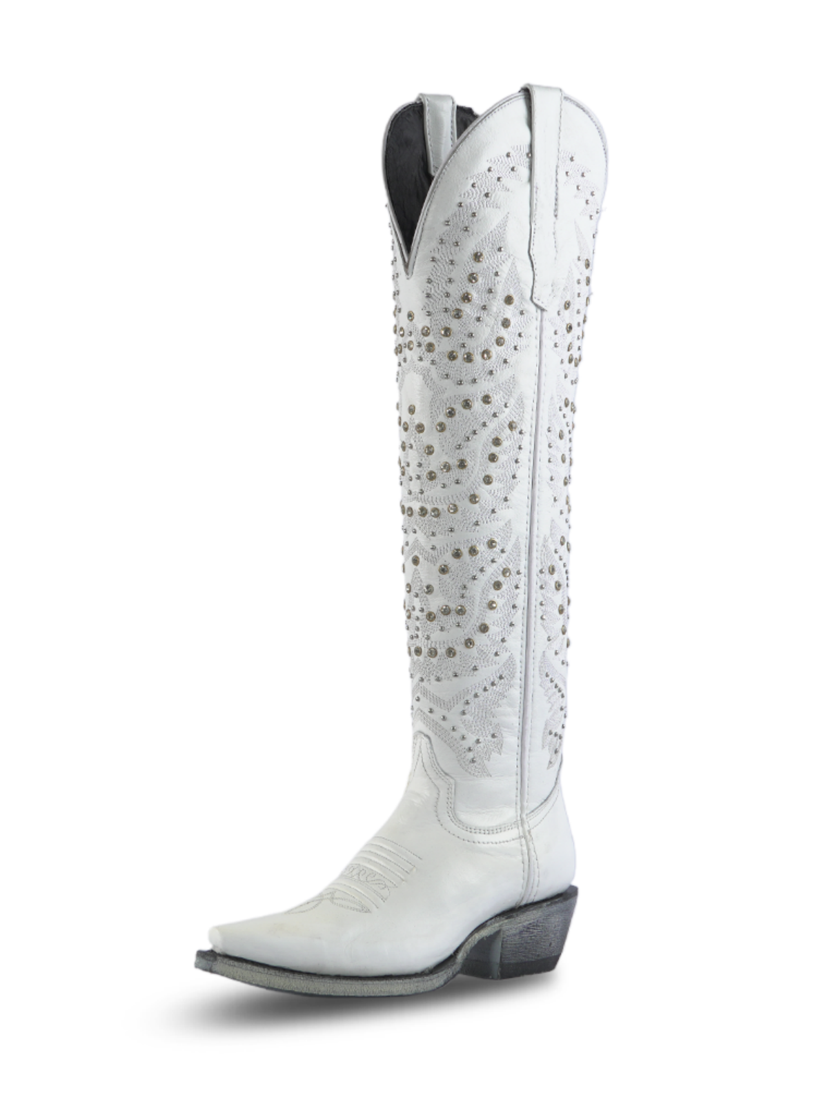 White Snip-Toe Embroidery Studded Rhinestone Wide Calf Over-The-Knee Cowgirl Boots