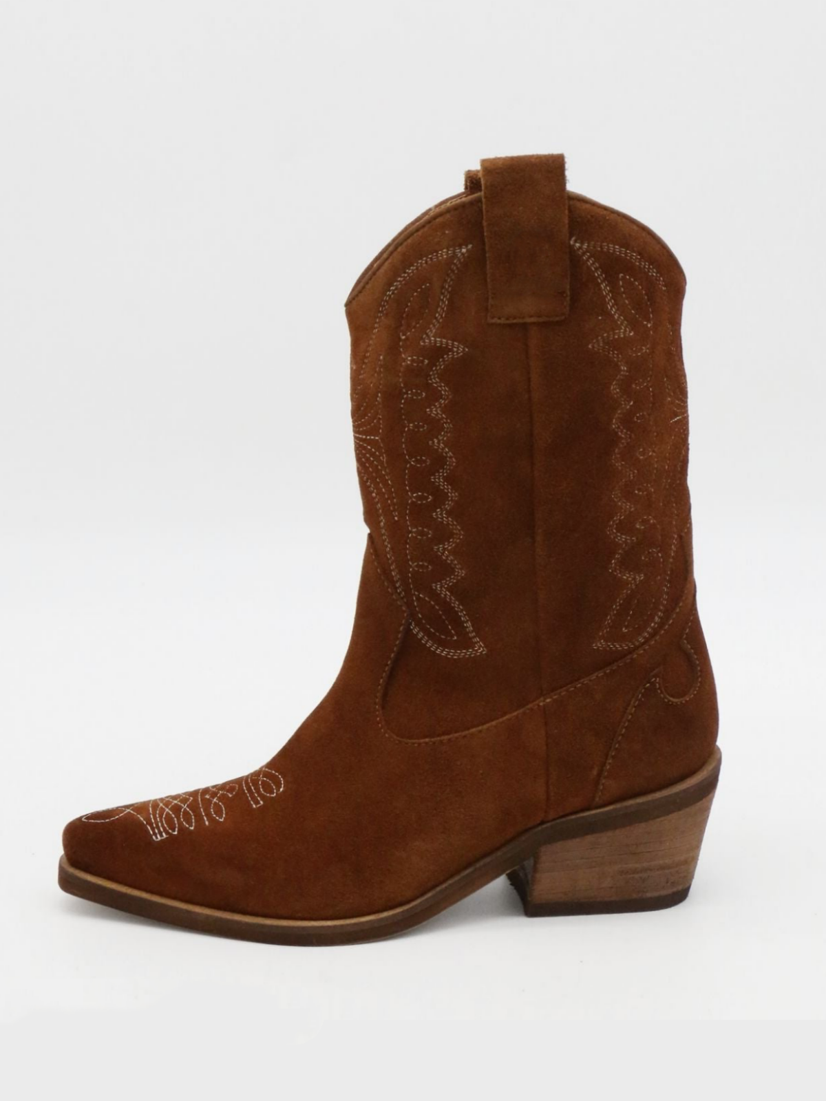 Caramel Faux Suede Snip-Toe Wings Embroidery Wide Mid Calf Cowgirl Boots