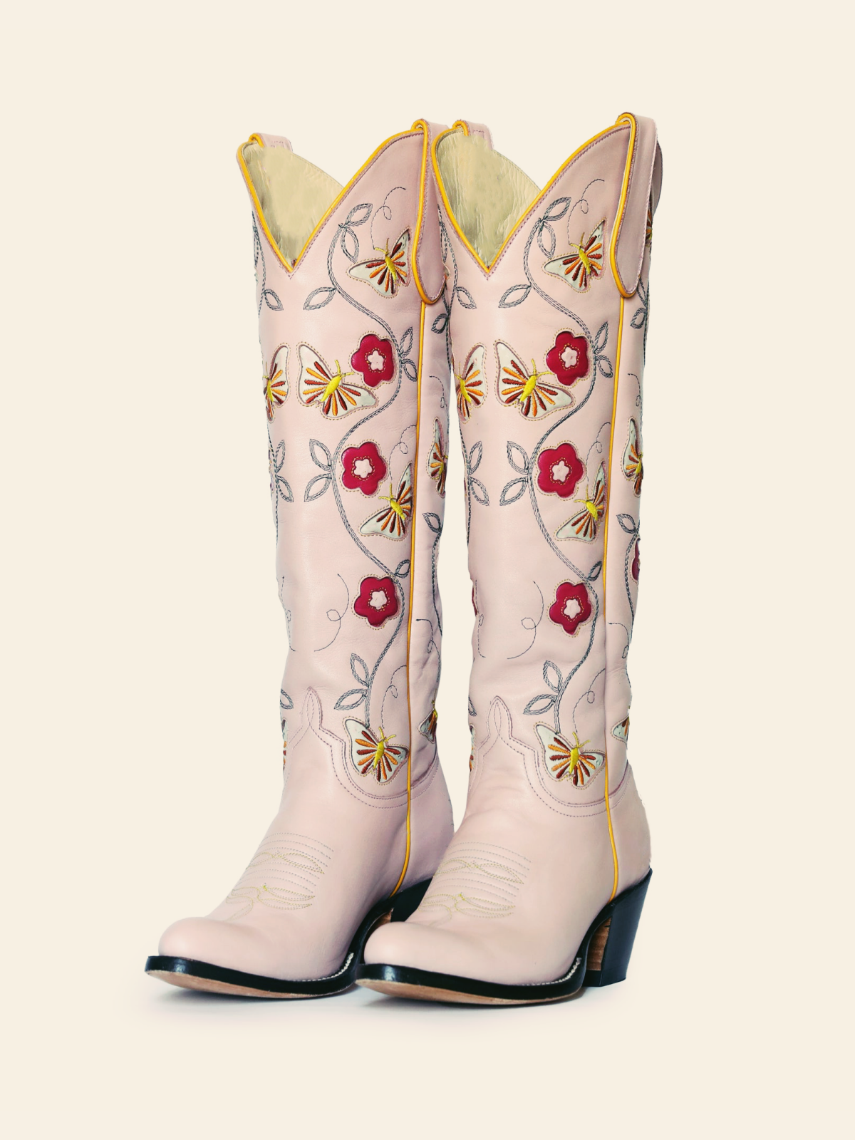 Blush Pink Stitch Almond-Toe Wide Calf Cowgirl Tall Boots With Butterfly Flower Inlay