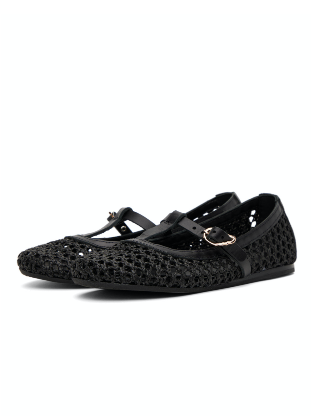 Black Crochet Raffia Woven Ballet Flats With Buckled T-Strap