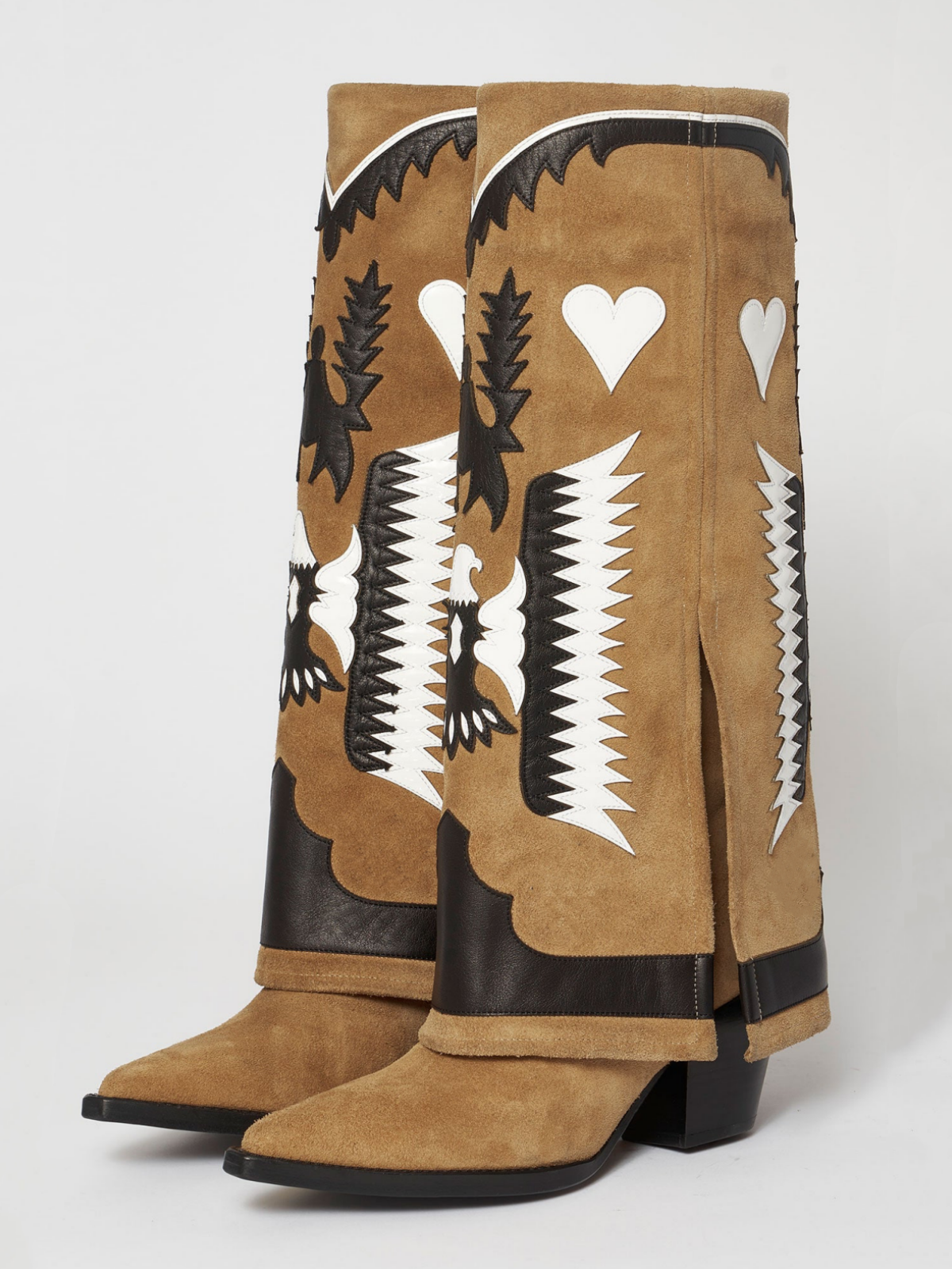 Fold-Over Panel Eagle And Heart Applique Wide Mid Calf Boots - Camel