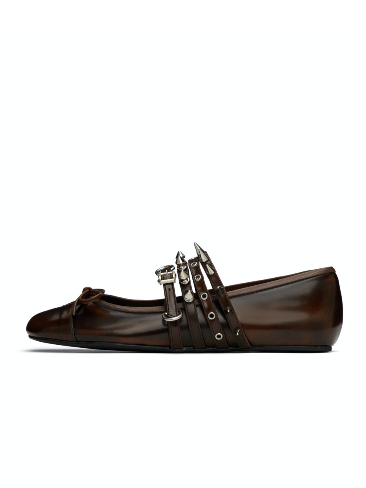 Retro Brown Bow Spike Strappy Square-Toe Ballet Flats Mary Janes