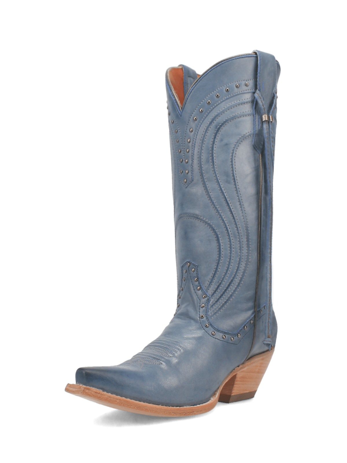 Blue Snip-Toe Studded Embroidery Pull-On Tab Tassel Wide Mid Calf Cowgirl Boots