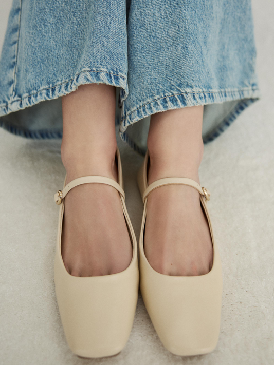 Beige Vegan Leather Square-Toe Ballet Flats Mary Janes With Buckled Strap