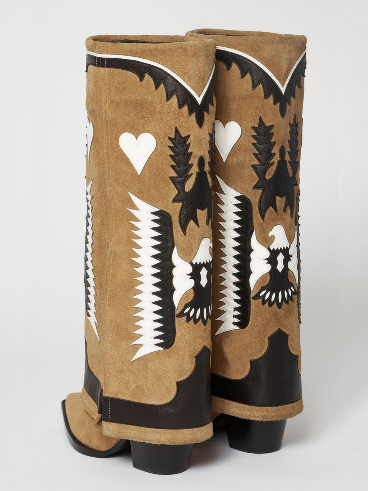 Fold-Over Panel Eagle And Heart Applique Wide Mid Calf Boots - Camel