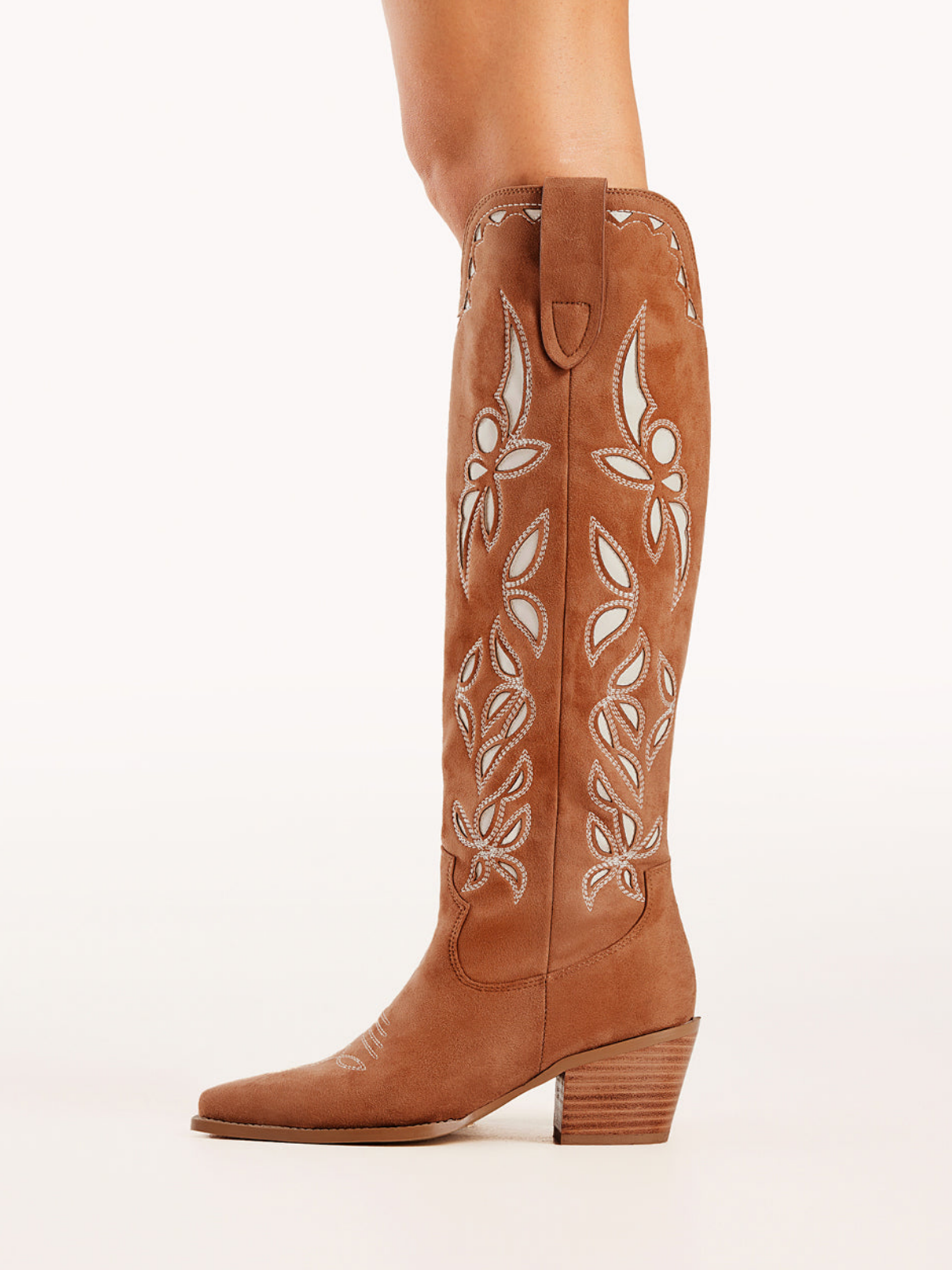 Dark Tan Faux Suede Snip-Toe Embroidery And Inlay Wide Calf Tall Knee High Cowgirl Boots