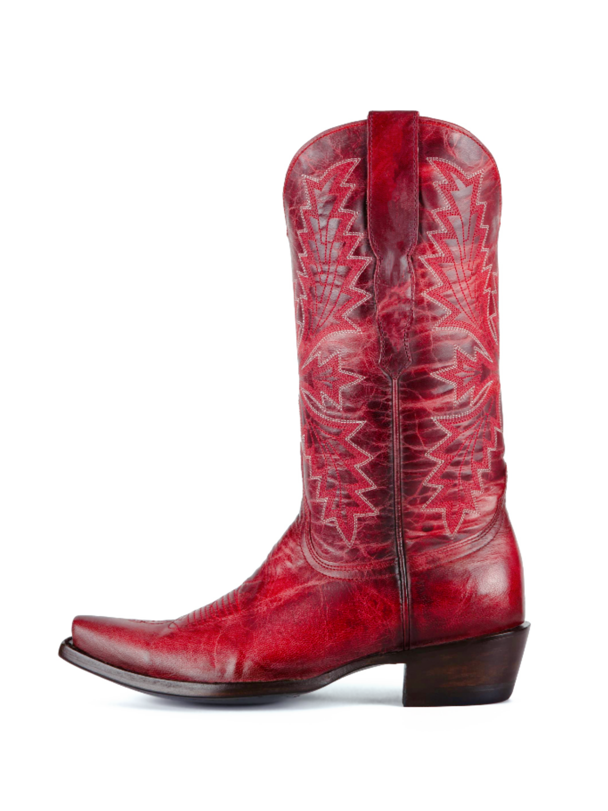 Distressed Leaf Embroidery Snip-Toe Wide Mid Calf Tall Cowgirl Boots - Red