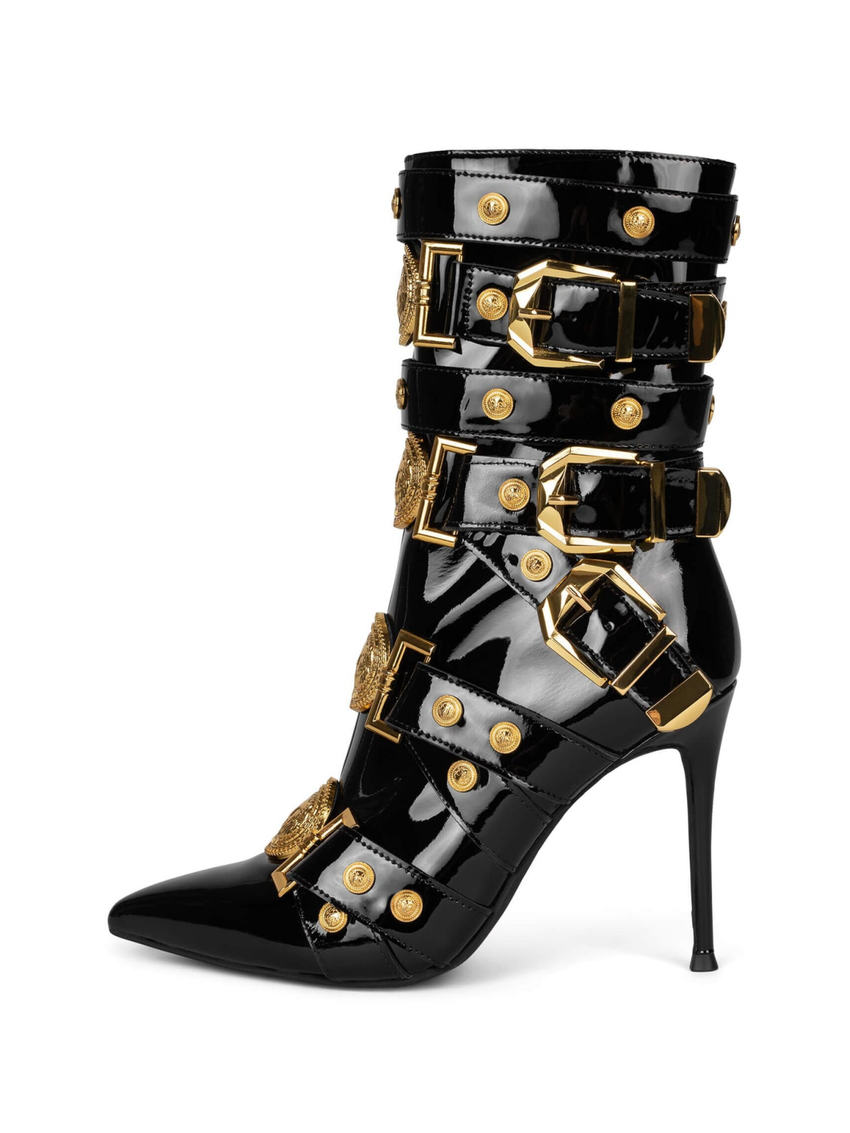 Patent Black Pointed-Toe Full-Zip Strappy Buckled Mid Calf Stiletto Boots With Gold Lion Emblems