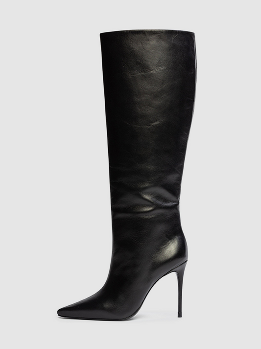 Black Pointed-Toe Wide Mid Calf Stiletto Boots