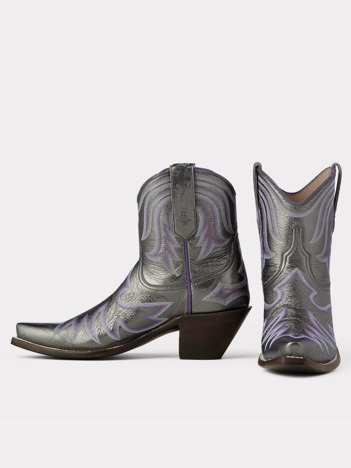 Metallic Pewter Snip-Toe Embroidery Wide Mid Calf Cowgirl Boots