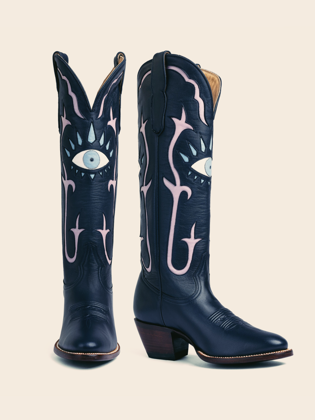 Navy Blue Evil Eye Inlay Almond-Toe Wide Mid Calf Western Cowgirl Tall Boots