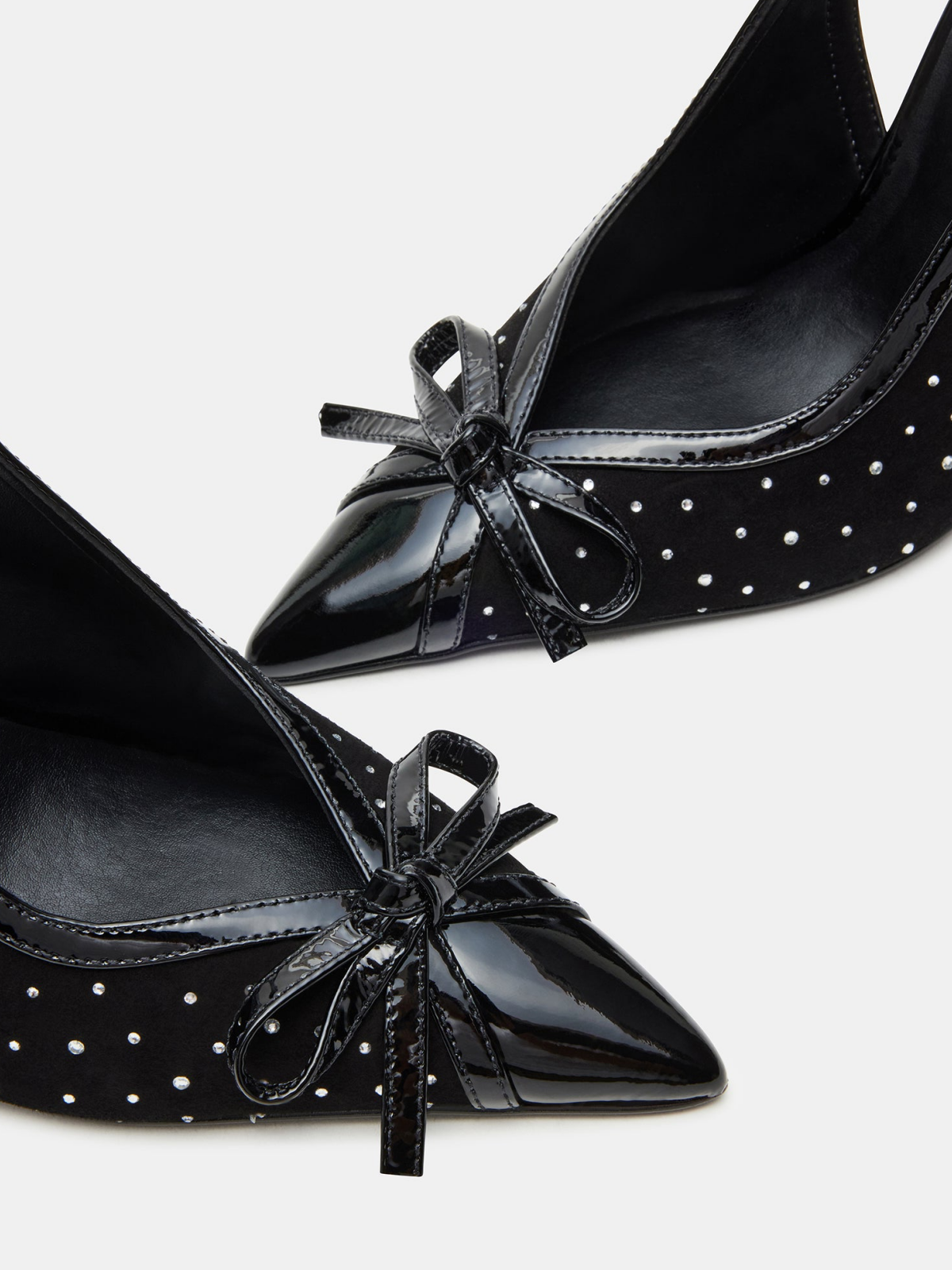 Black Contrast Patent Leather And Mesh Pointed-Toe Slingback Rhinestone Bow High Heels