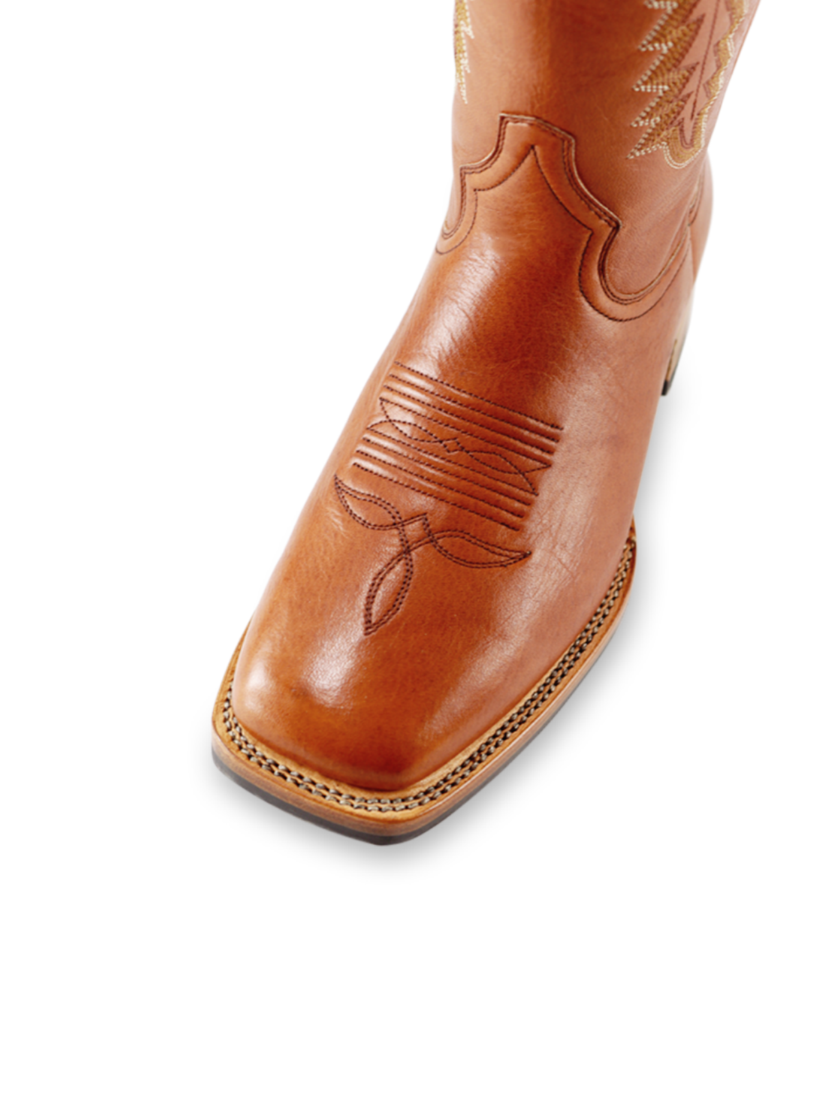 Cognac Embroidery Square-Toe Wide Mid Calf Tall Cowgirl Boots