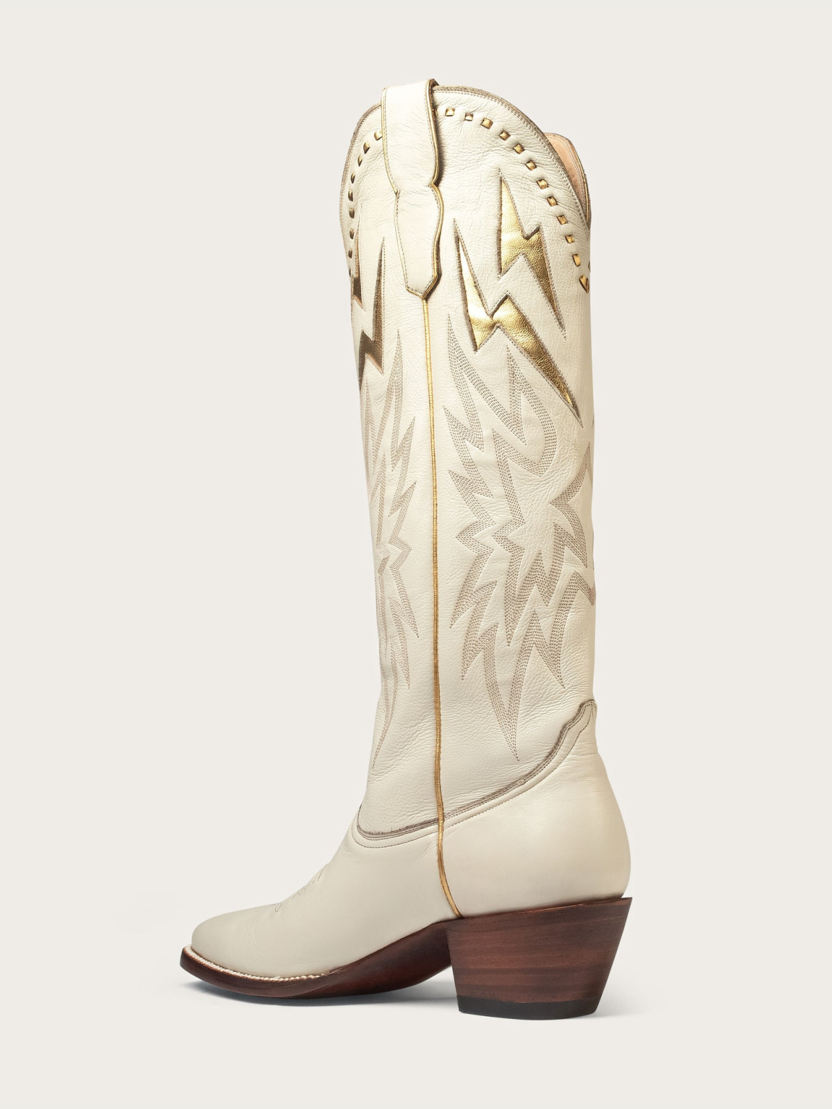 Metallic Gold Lightning Inlay Stitch Embroidery Almond-Toe Wide Mid Calf Tall Cowgirl Boots - Bone