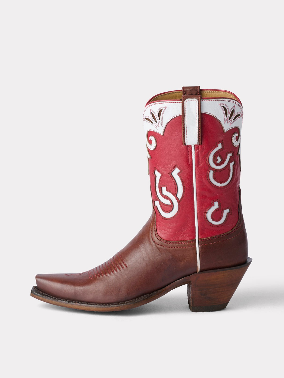 Contrast Tri-Color Snip-Toe "U" Inlay Wide Mid Calf Cowgirl Boots